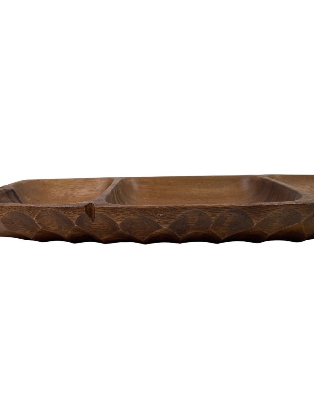 Hand-Carved Wooden Divided Serving Tray With Scalloped Edge - Vintage Rustic Dec - Picture 4 of 14